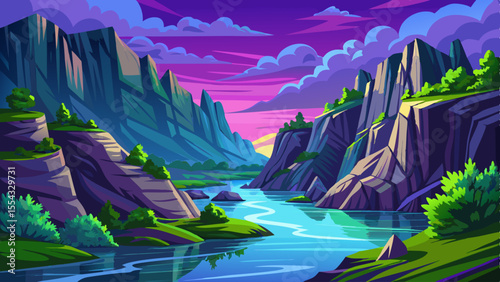 Rocky River Cliffs with dense greenery and calm reflections green landscape, Highly detailed vector illustration