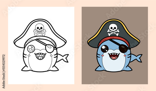 Cute Pirate Shark Illustration in Color and Black and White Version for Kids Education and Ocean Coloring Activities