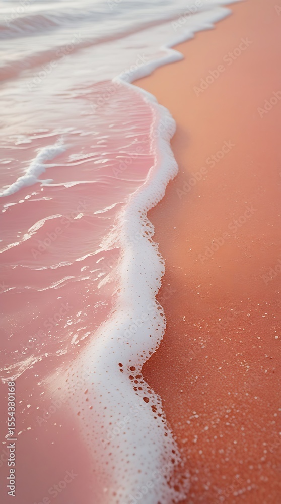 Fototapeta premium A gentle pink wave rolls onto a soft pink sandy beach at sunset