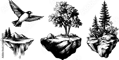 Flying figure and levitation posture with birds and floating islands illustration