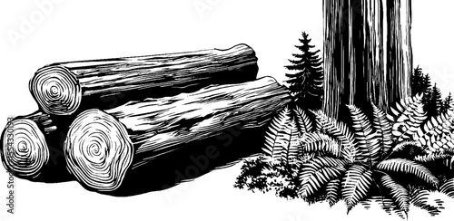 Woodland scene with mossy logs and ferns in a forest clearing - perfect for nature design elements