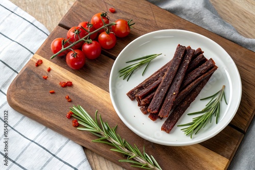 Delicious beef jerky sticks served on a wooden board with fresh cherry tomatoes and herbs