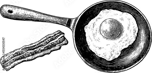 Breakfast delight with sunny side egg and bacon in sketched frying pan for culinary designs