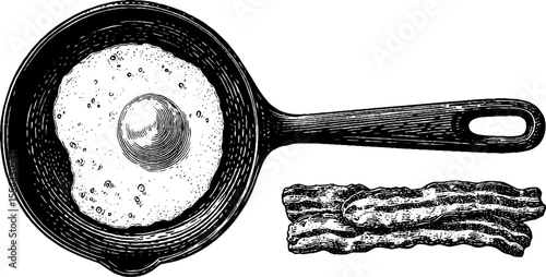 Vintage breakfast scene with frying pan, sunny side egg, and bacon