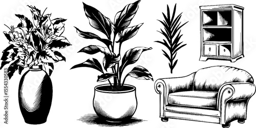 Art deco furniture and plant set for interior design and decor inspiration