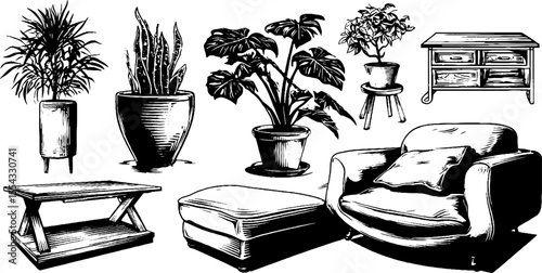 Bohemian style furniture and objects with indoor plants - design for decoration and interior inspiration