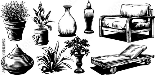 Boho style furniture and objects collection for home and garden decor