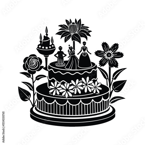 Handcrafted cake with flowers and doll figurines silhouette isolated on white background