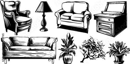 Boho style furniture and plants sketch for interior design and decor