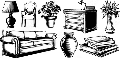 Minimalist style furniture and objects set for interior design and home decor
