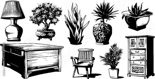Minimalist furniture and plant set in vintage style for interior decoration