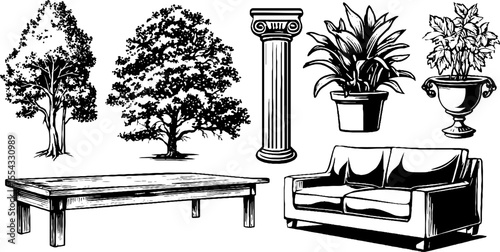Minimalist furniture and objects with trees and plants for home and garden design