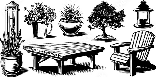 Rustic style furniture and objects collection for home and garden decor