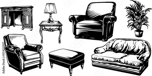 Vintage furniture collection set for interior design and decoration