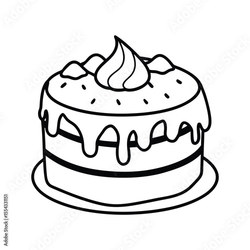 Hand-drawn cake with chocolate glaze and decorative leaves silhouette isolated on white background