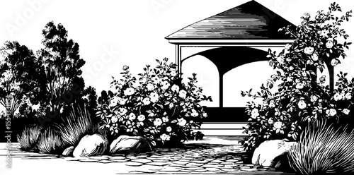 Vintage pavilion with climbing roses for garden design and decor