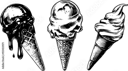 Vintage ice cream cone and gelato scoop art for dessert themes