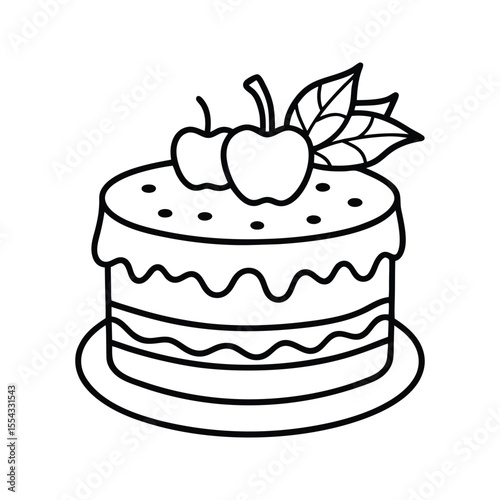 Hand-drawn cake with fruit toppings and starry icing silhouette isolated on white background