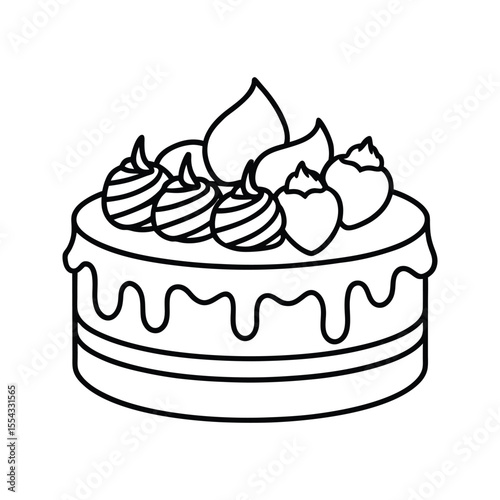 Hand-drawn cake with fruit toppings and icing silhouette isolated on white background