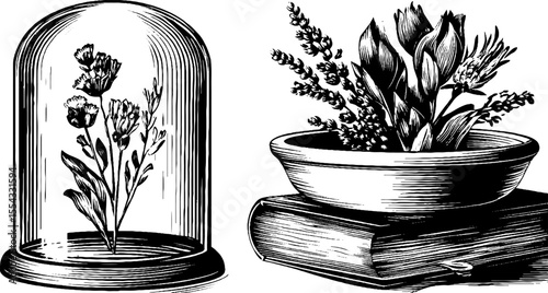 Vintage glass cloche with dried flowers and books for classic home decor