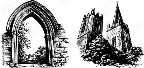 Ornate gothic arch and tower with stone window details for historical architecture designs