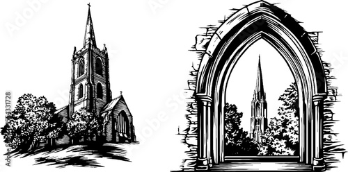 Gothic cathedral and stone window sketch for architectural design