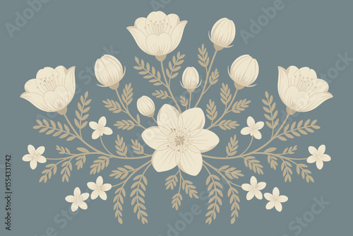 Elegant cream floral arrangement on dusty blue background