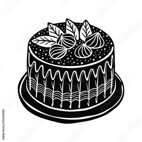 Hand-drawn cake with strawberry toppings and cream silhouette isolated on white background