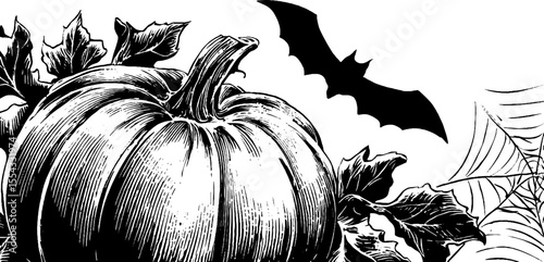 Halloween pumpkin and spider web scene with bat for seasonal design