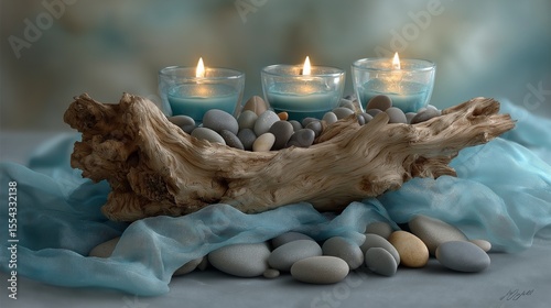 Spa Candles With Driftwood And Stones