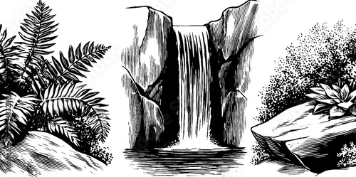 Hidden waterfall with slate pool and ferns for nature art and design