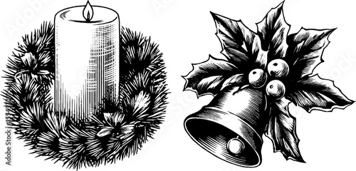 Holiday candle and bell wreath arrangement for festive decorations
