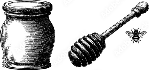 Vintage honey jar with dipper and bee silhouette - retro design for culinary inspiration