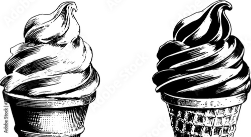Vintage ice cream scoop and cone sketch for retro design and decoration