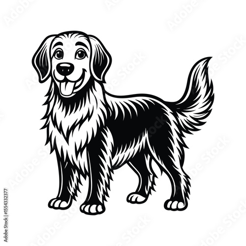 Hand-drawn golden retriever dog in detailed line art silhouette isolated on white background