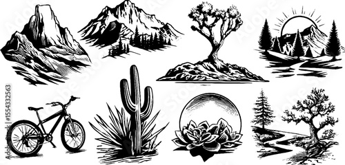 Nature adventure icons set with mountains, cactus, bicycle, and trees