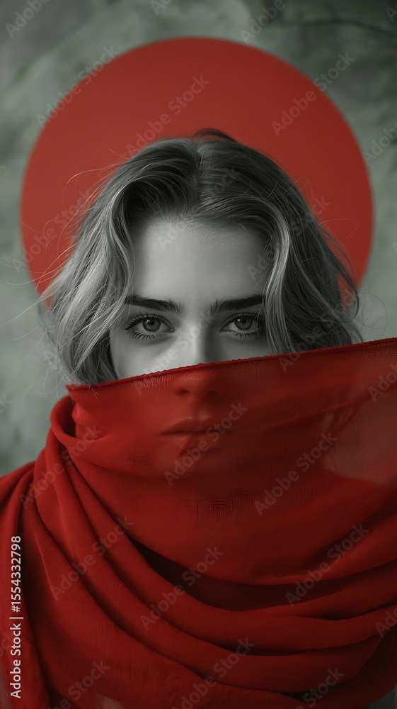Naklejka premium Mysterious close-up of a girls' eyes with vibrant red scarf contrast 