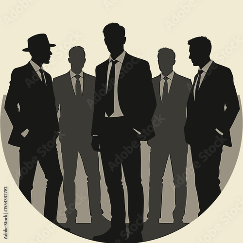 Group of five men in suits standing together silhouettes  
