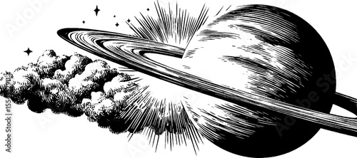 Interstellar cloud and magnetic field lines in vintage space illustration