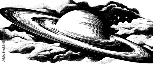 Vintage sketch of interstellar clouds and magnetic field lines in space