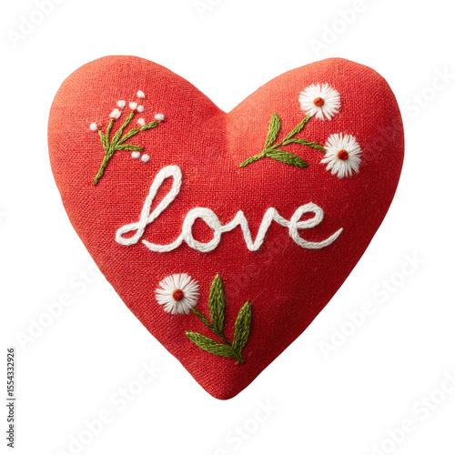 Handmade red heart cushion with embroidered white flowers and the word love isolated on transparent background