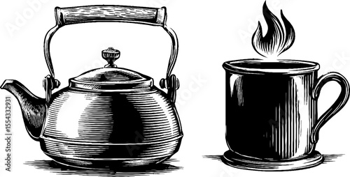 Vintage iron kettle and flame with handle hook sketch for retro design