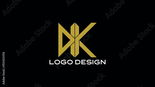 Creative DK letter logo with geometric intersecting lines in gold on black background, symbolizing innovation, strength, and modern business branding