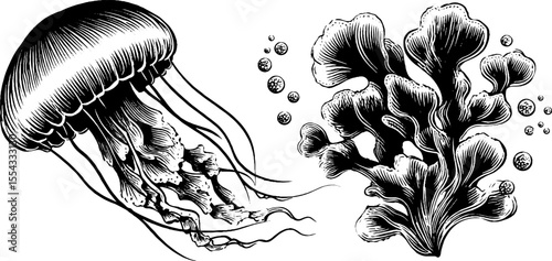 Vintage jellyfish and coral illustration for artistic design