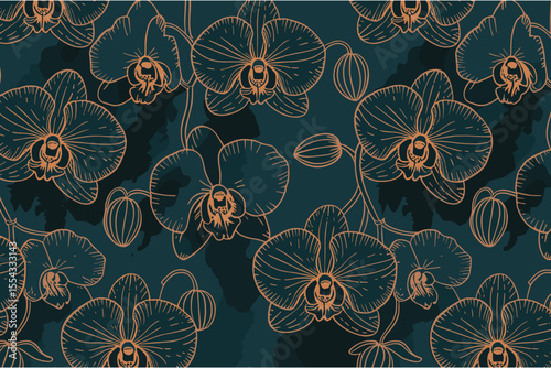 Elegant orchid flower pattern with copper outline on teal background