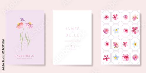 Elegant wedding invitation card vector. Minimal hand painted watercolor rose and wildflowers texture template background. Design illustration for wedding, vip cover, poster, rsvp modern card.