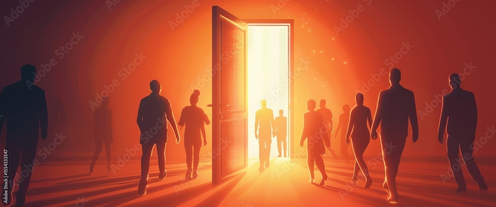 Fototapeta premium Flat design diverse silhouettes walking towards light through an open door opportunity inclusion 19:8.