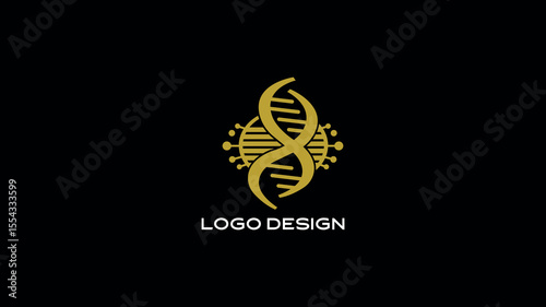 Modern DNA-shaped S logo with golden helix and circular digital nodes on black background, perfect for biotech, science, and healthcare branding identity