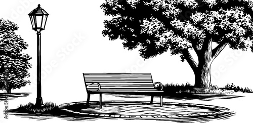 Serene lantern lit plaza with bench and trees for outdoor relaxation