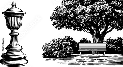 Tranquil lantern lit plaza with wooden bench and verdant tree design for outdoor serenity